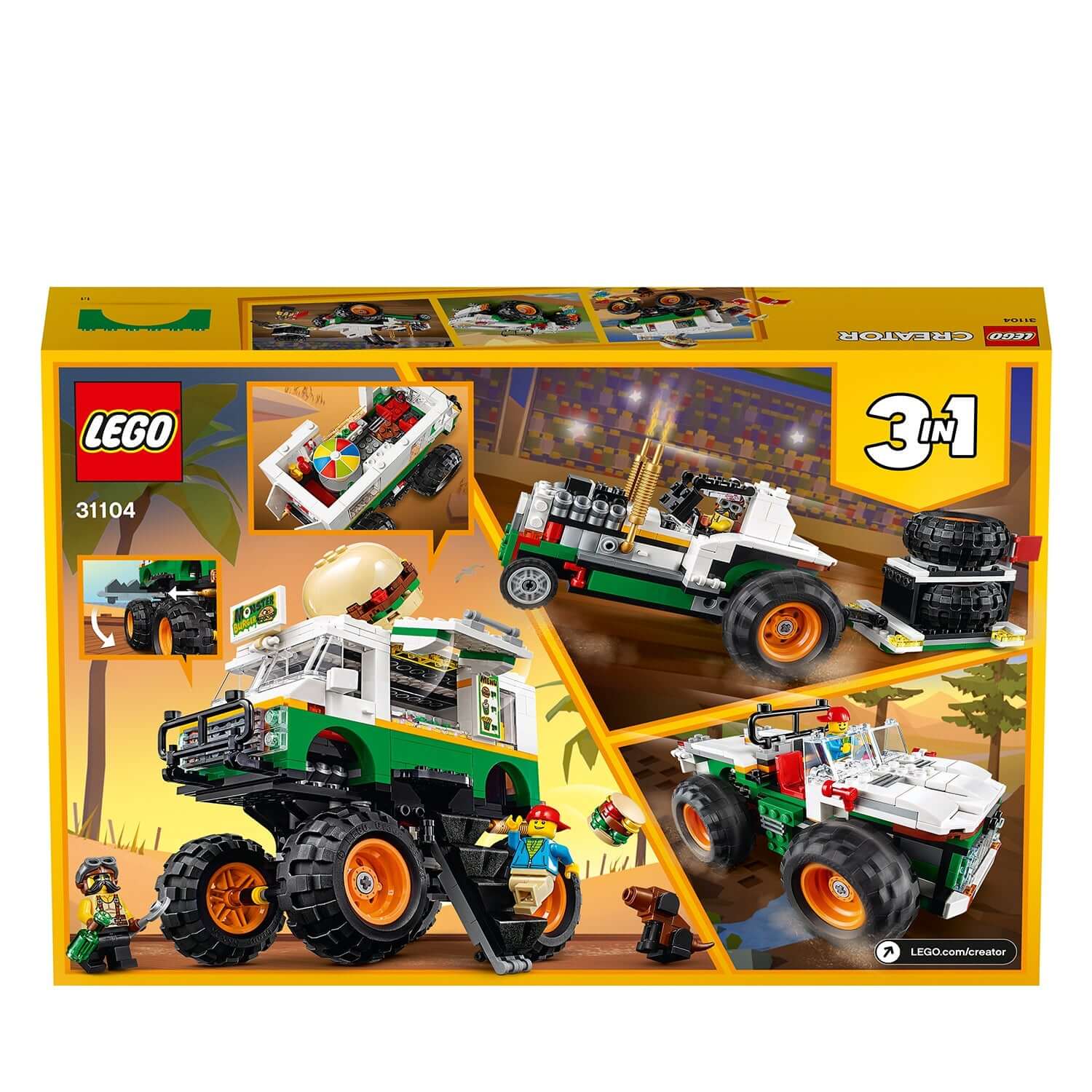 LEGO Creator 3in1 Monster Burger Truck Set 31104, featuring burger truck, off-roader and tractor build options for kids.