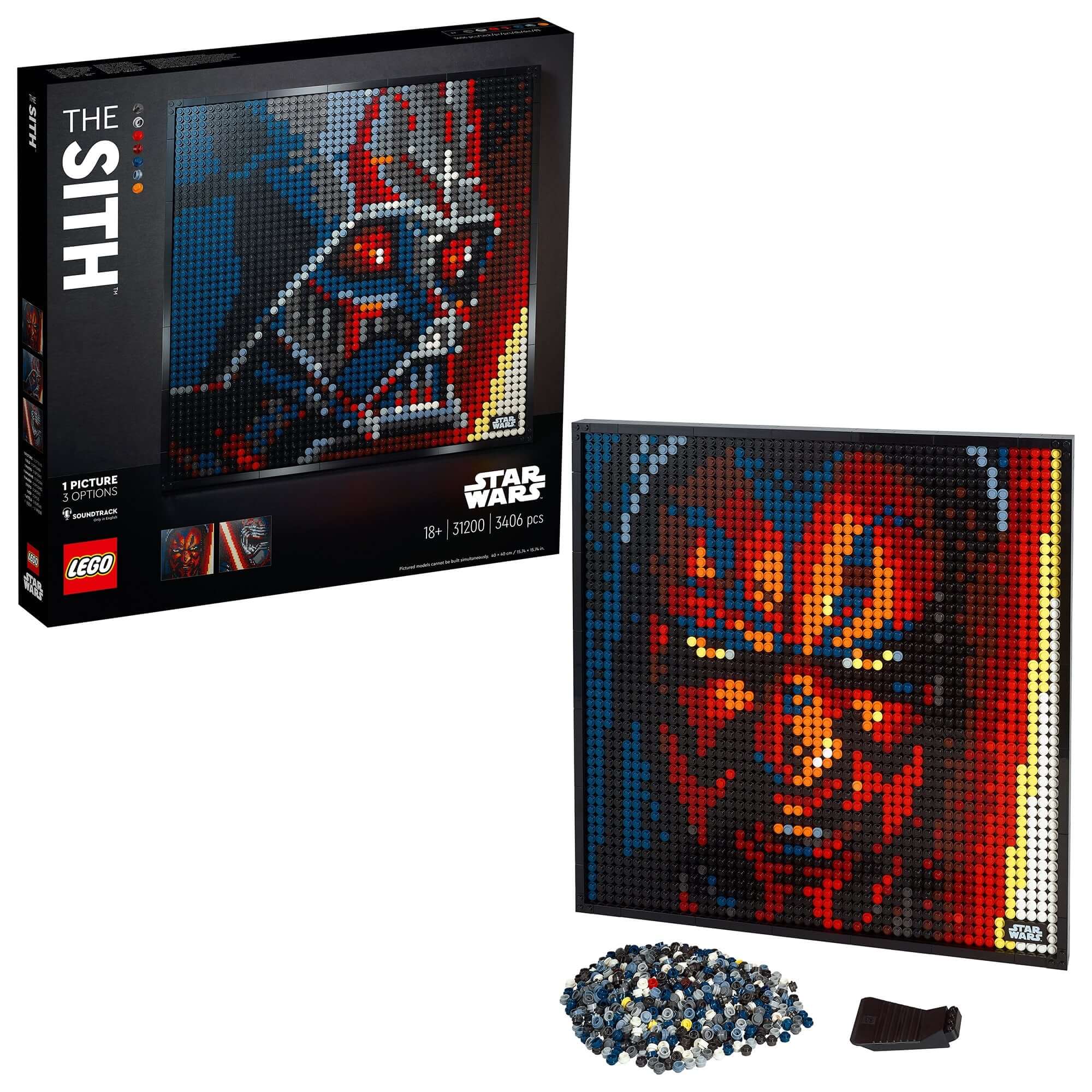 LEGO® Art Star Wars The Sith 31200 building set with box, finished art, and accessories for creative wall decor.