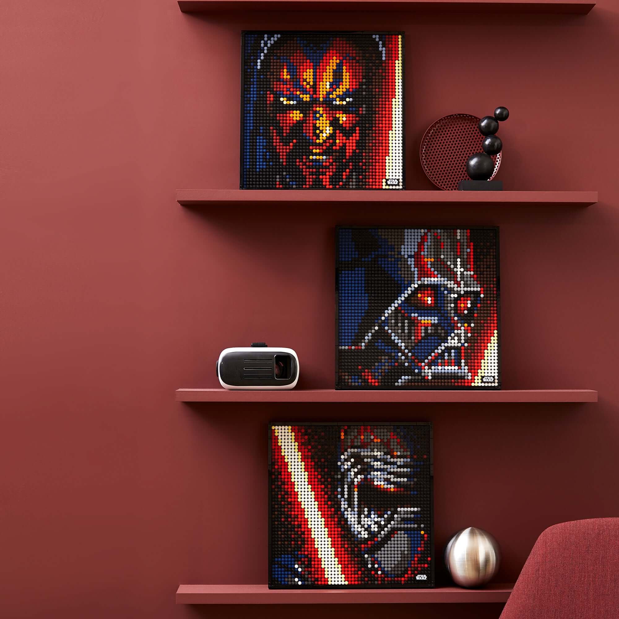 LEGO Art Star Wars The Sith set displayed as wall art on shelves with red background, showcasing iconic Sith characters.