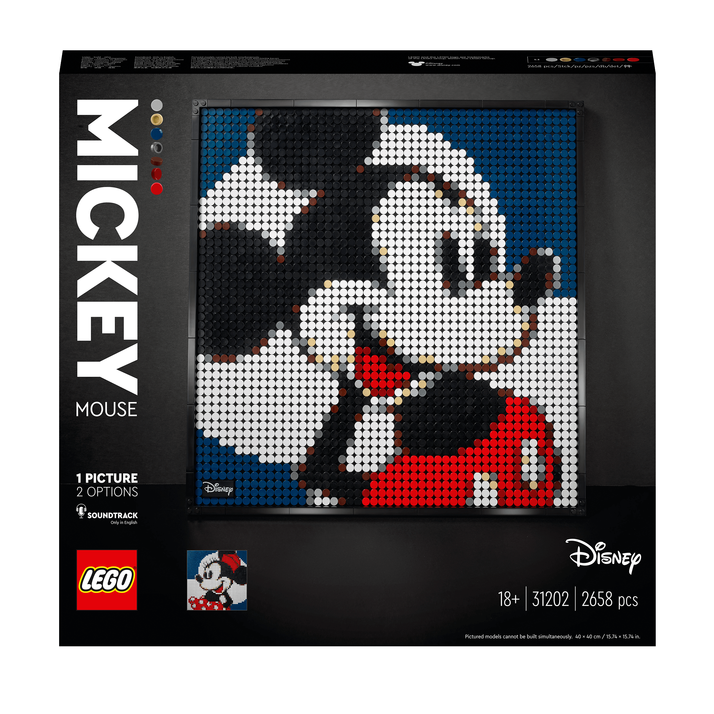 LEGO Art Disney Mickey Mouse Poster Set 31202, featuring 2-in-1 wall art kit and soundtrack, 2658 pieces.