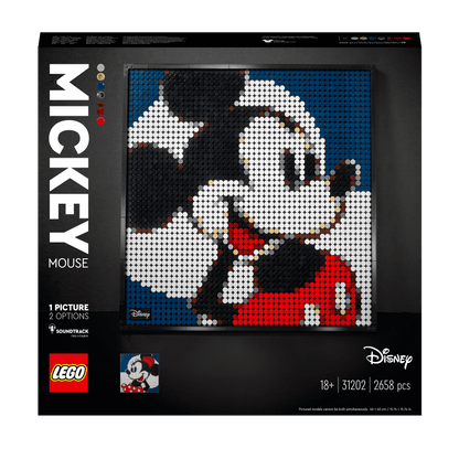 LEGO Art Disney Mickey Mouse Poster Set 31202, featuring 2-in-1 wall art kit and soundtrack, 2658 pieces.