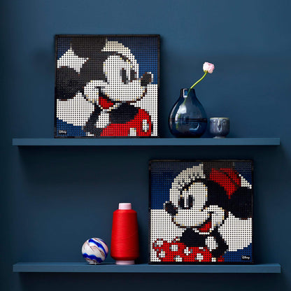 LEGO® Art Disney’s Mickey Mouse Poster Set 31202 displayed on shelves, featuring Mickey and Minnie Mouse wall art.