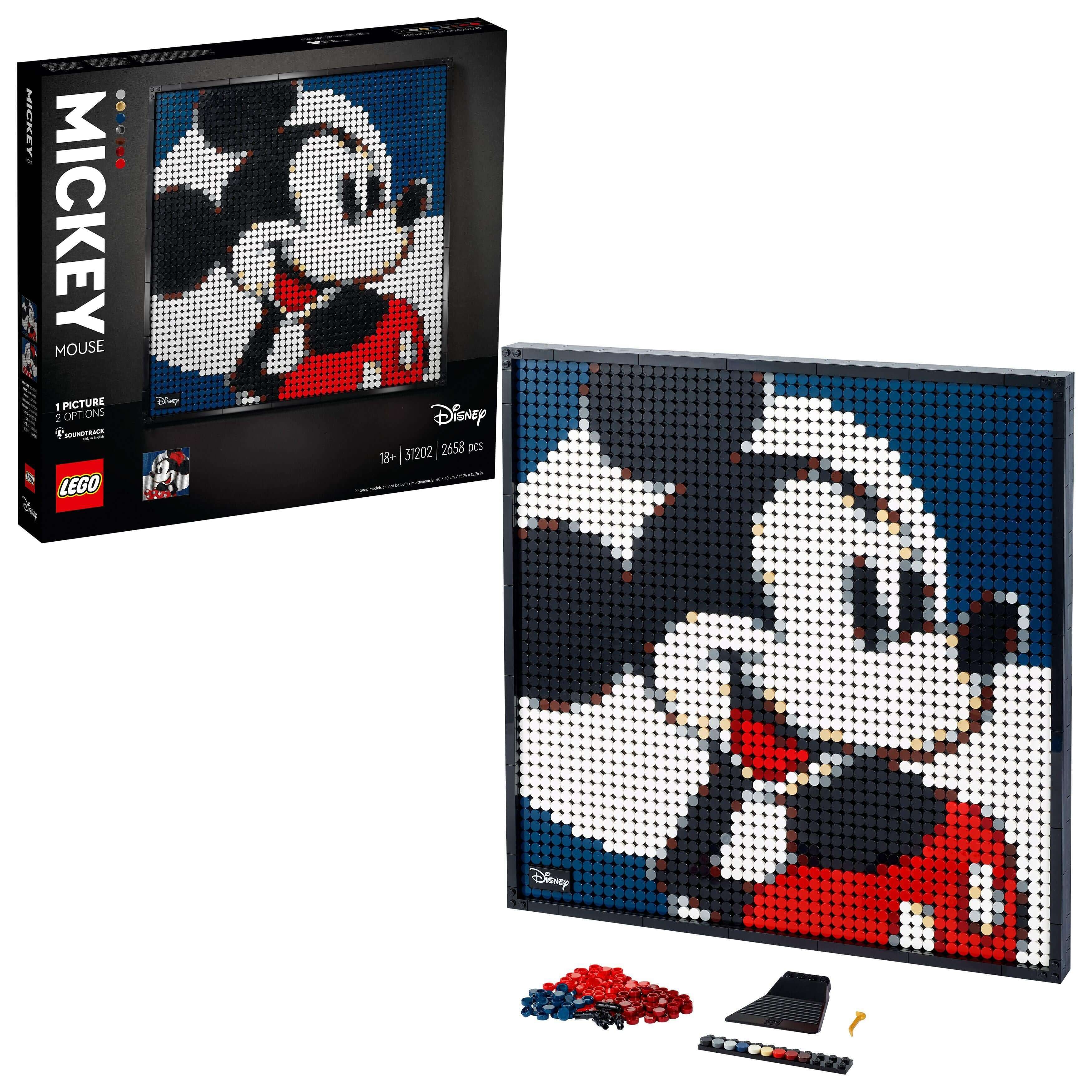LEGO® Art Disney Mickey Mouse Poster Set 31202, featuring colorful pieces for creative wall art display.