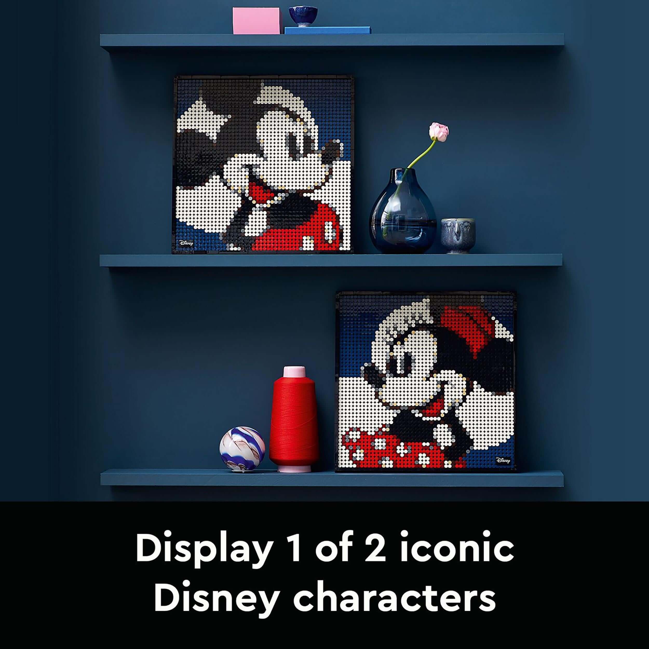 LEGO® Art Disney’s Mickey Mouse Poster Set showcasing Mickey and Minnie wall art on display.