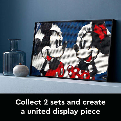 LEGO® Art Disney Mickey Mouse poster set 31202 displayed as wall art, featuring Mickey and Minnie in vibrant colors.