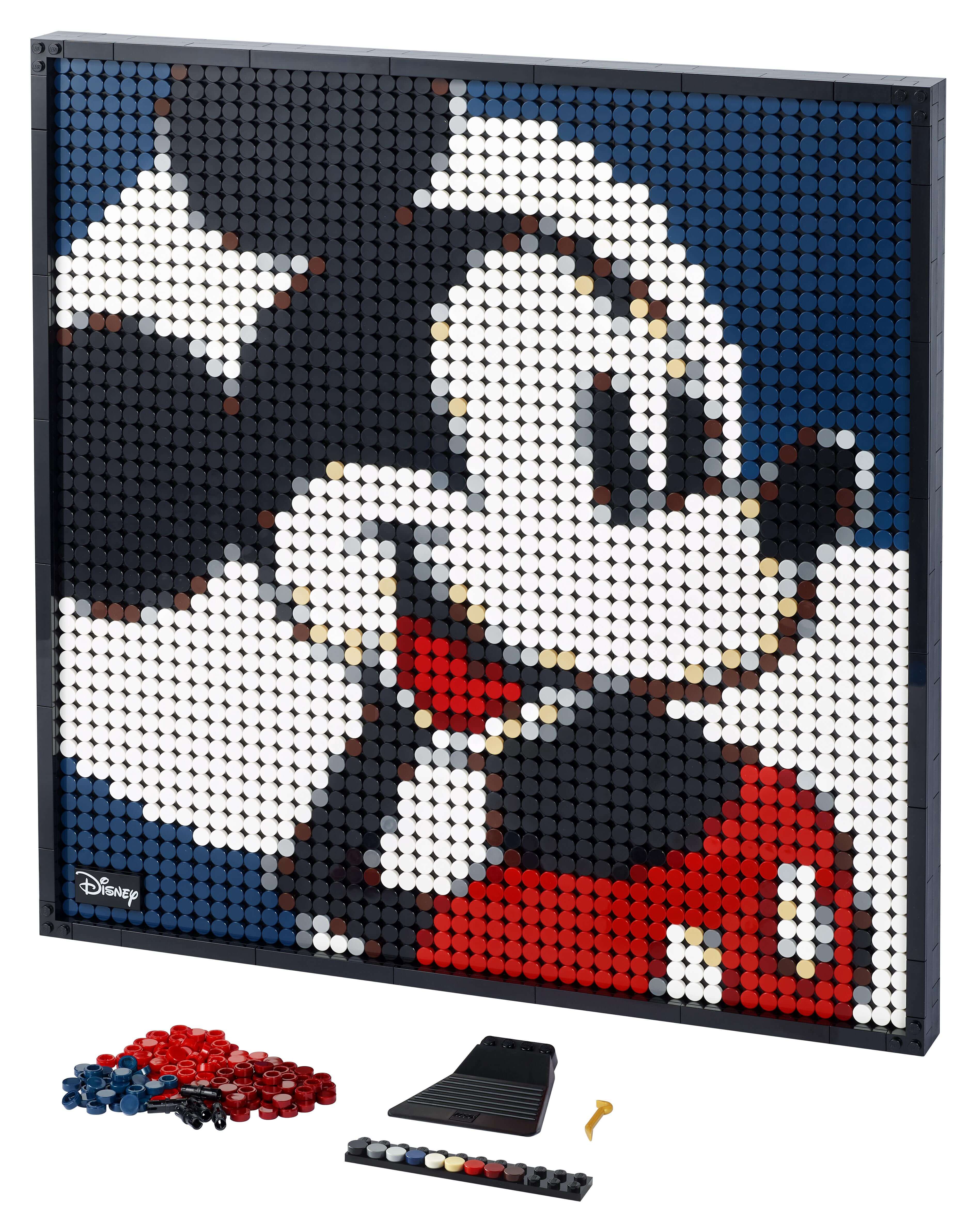 LEGO® Art Disney Mickey Mouse Poster Set 31202, featuring colorful mosaic and assembly accessories for wall art.