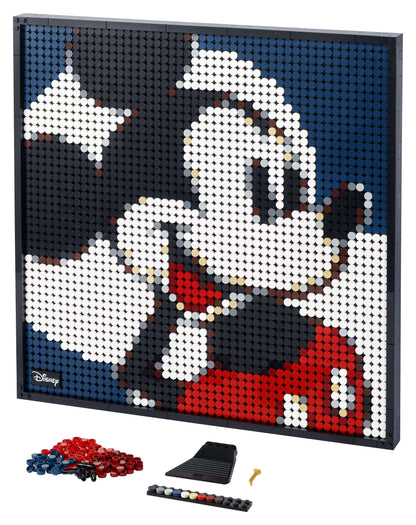 LEGO® Art Disney Mickey Mouse Poster Set 31202, featuring colorful mosaic and assembly accessories for wall art.