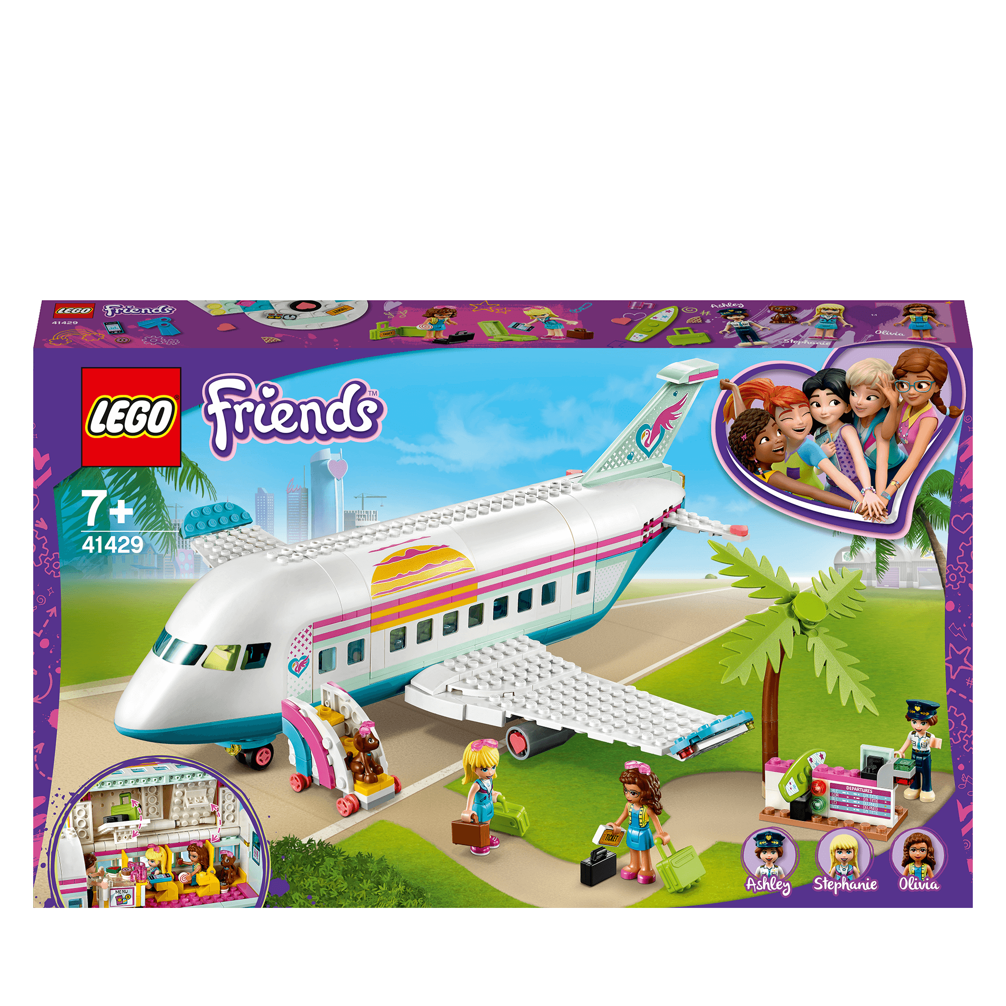 LEGO Friends Heartlake City Aeroplane Play Set 41429 with check-in desk, boarding stairs, and accessories.