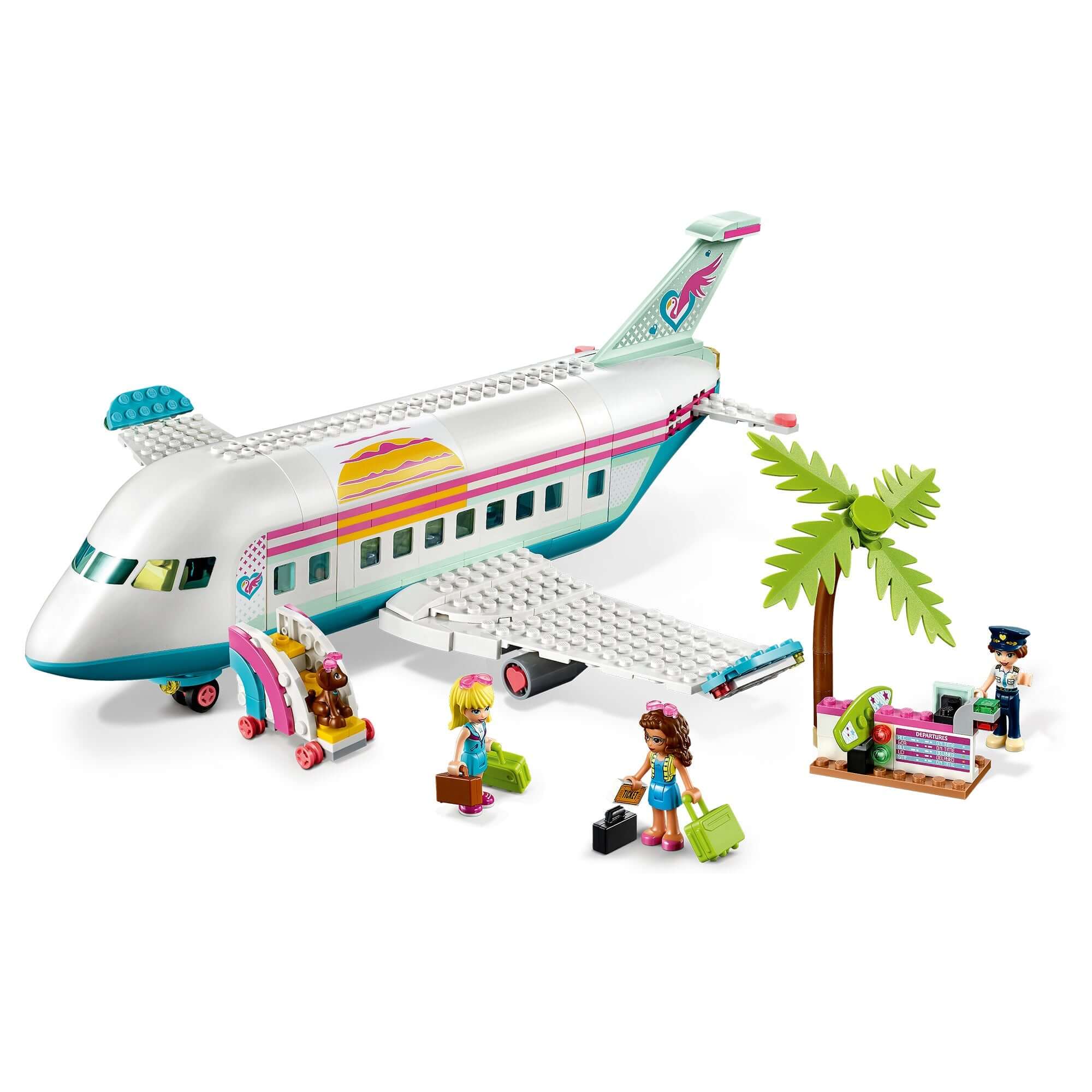 Colorful LEGO® Friends aeroplane play set with check-in desk and boarding stairs, perfect for imaginative play.