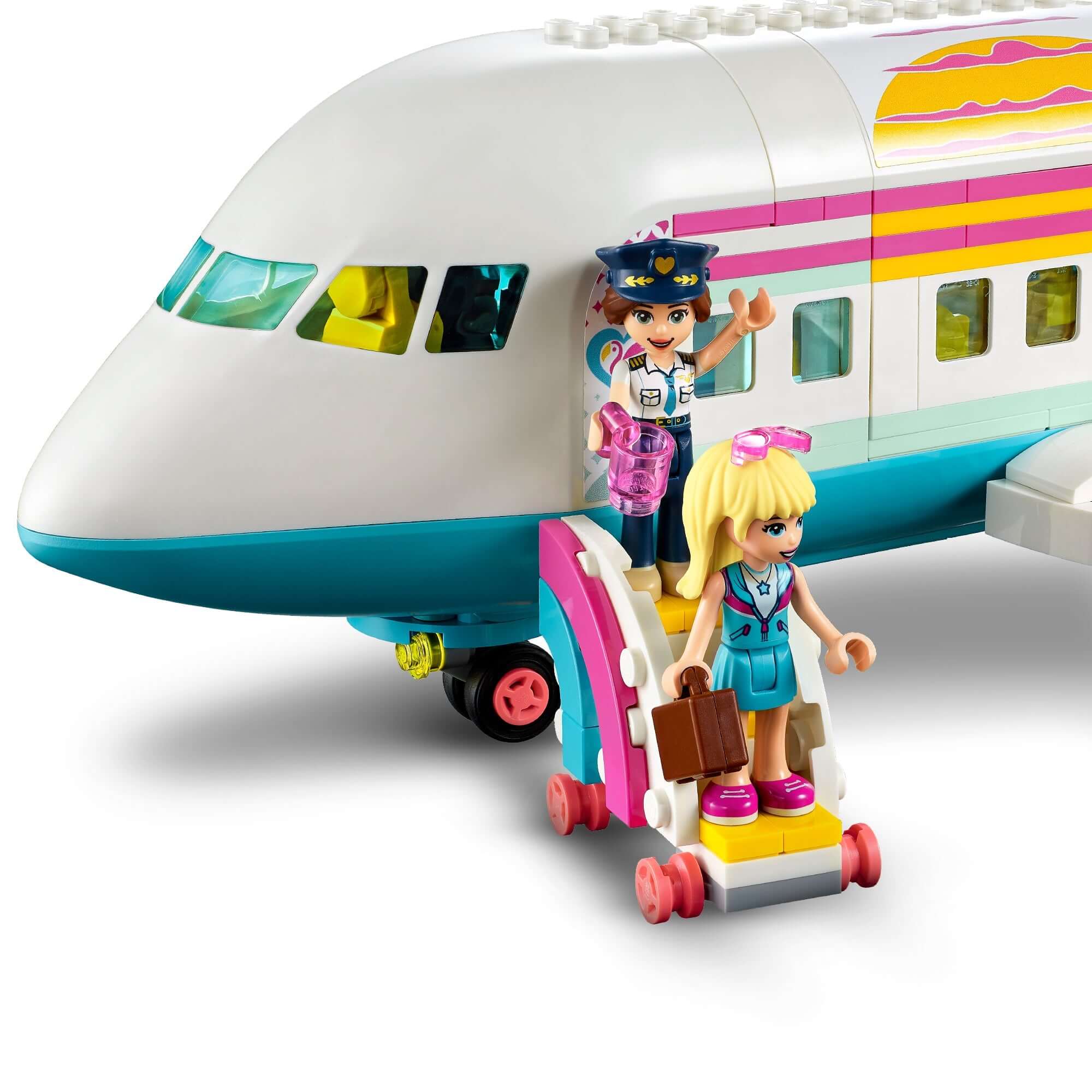 LEGO Friends Heartlake City Aeroplane playset featuring two mini-dolls, boarding stairs, and colorful design.
