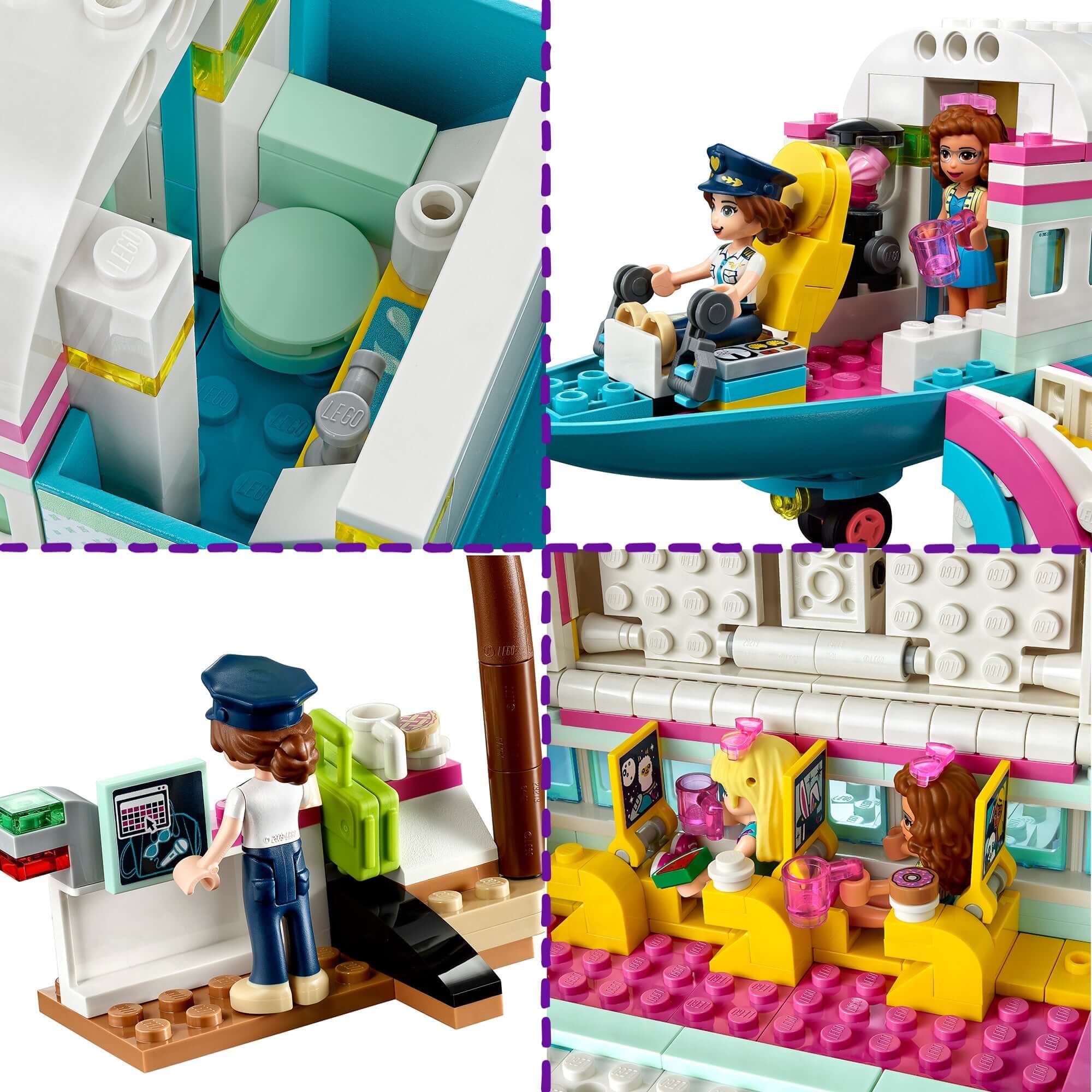 LEGO Friends Heartlake City Aeroplane playset showcasing interior and characters enjoying a flight experience.