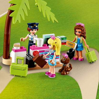 LEGO® Friends Heartlake City Aeroplane playset featuring a check-in desk and characters with luggage.
