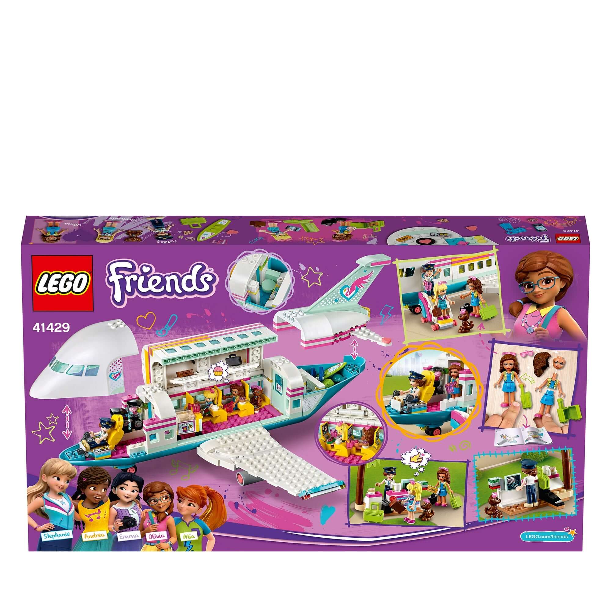 LEGO Friends Heartlake City Aeroplane Playset 41429 box art with boarding stairs and check-in desk.