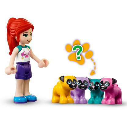 LEGO® Friends Mia with colorful pug figures in fun poses for animal-loving kids; perfect for creative play.