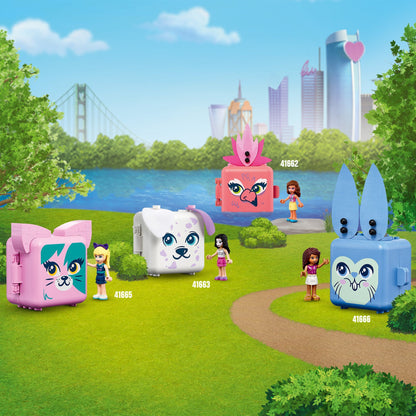 LEGO Friends Mia's Pug Cube Playset 41664 with colorful animal-themed cubes in a park setting, perfect for kids who love animals.