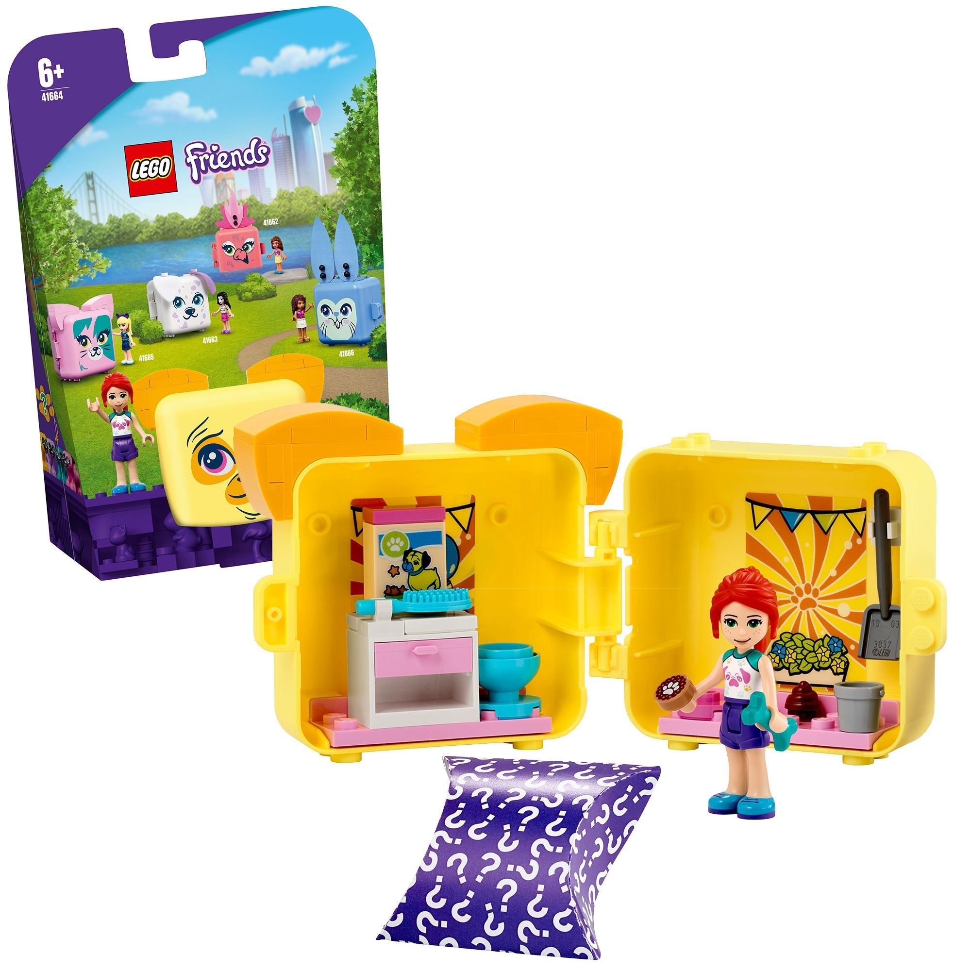 LEGO Friends Mia’s Pug Cube Playset 41664 featuring a compact toy with Mia and dog-themed accessories for kids.