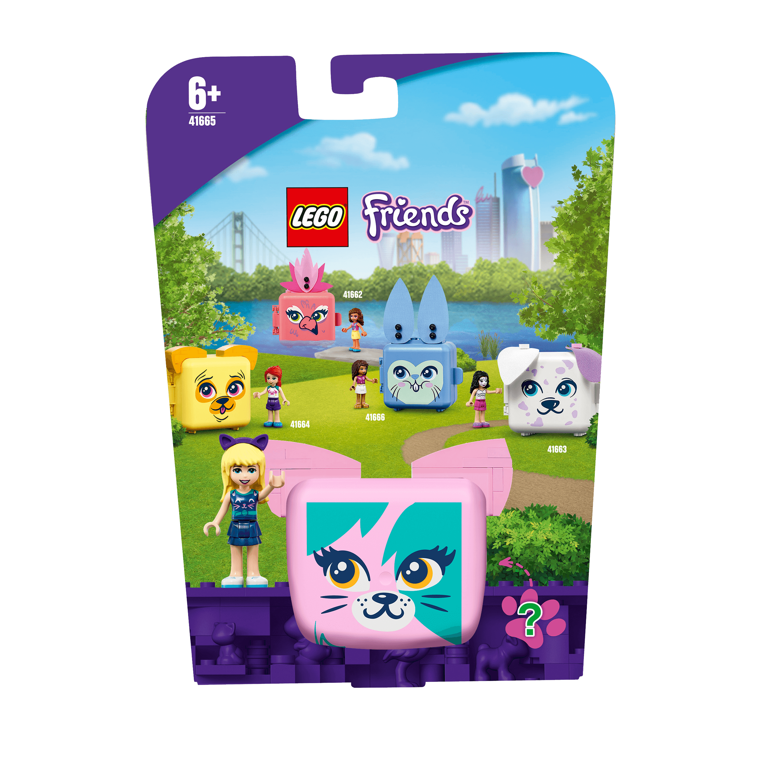 LEGO Friends Stephanie’s Cat Cube Playset 41665 in a vibrant outdoor setting with minidolls and playful cat cubes.