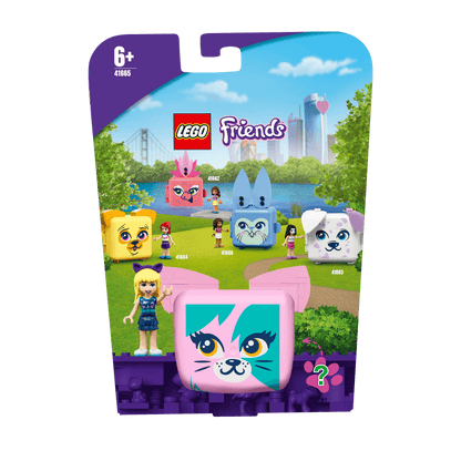 LEGO Friends Stephanie’s Cat Cube Playset 41665 in a vibrant outdoor setting with minidolls and playful cat cubes.