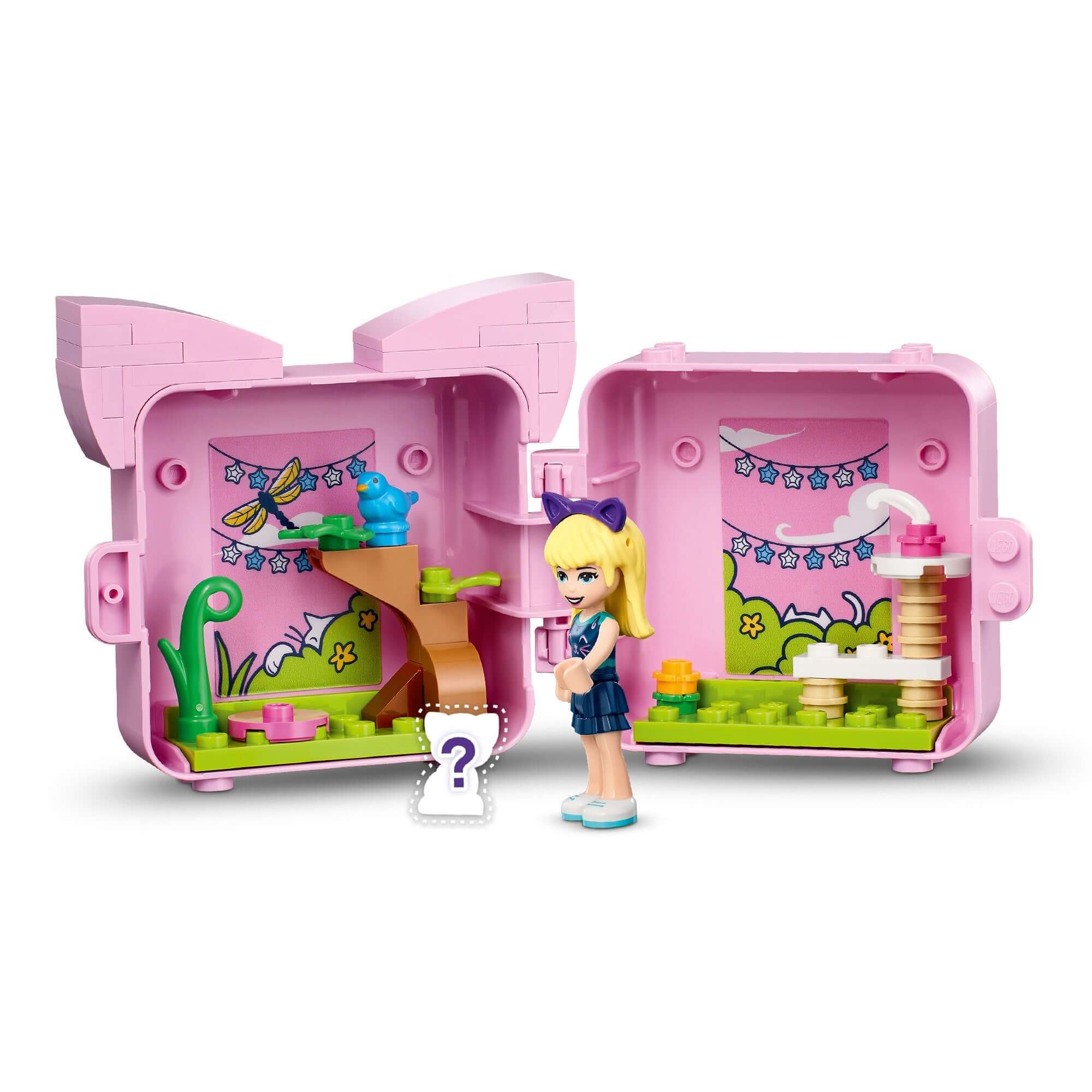 LEGO Friends Stephanie's Cat Cube Playset 41665 with miniature doll and colorful cat-themed accessories.