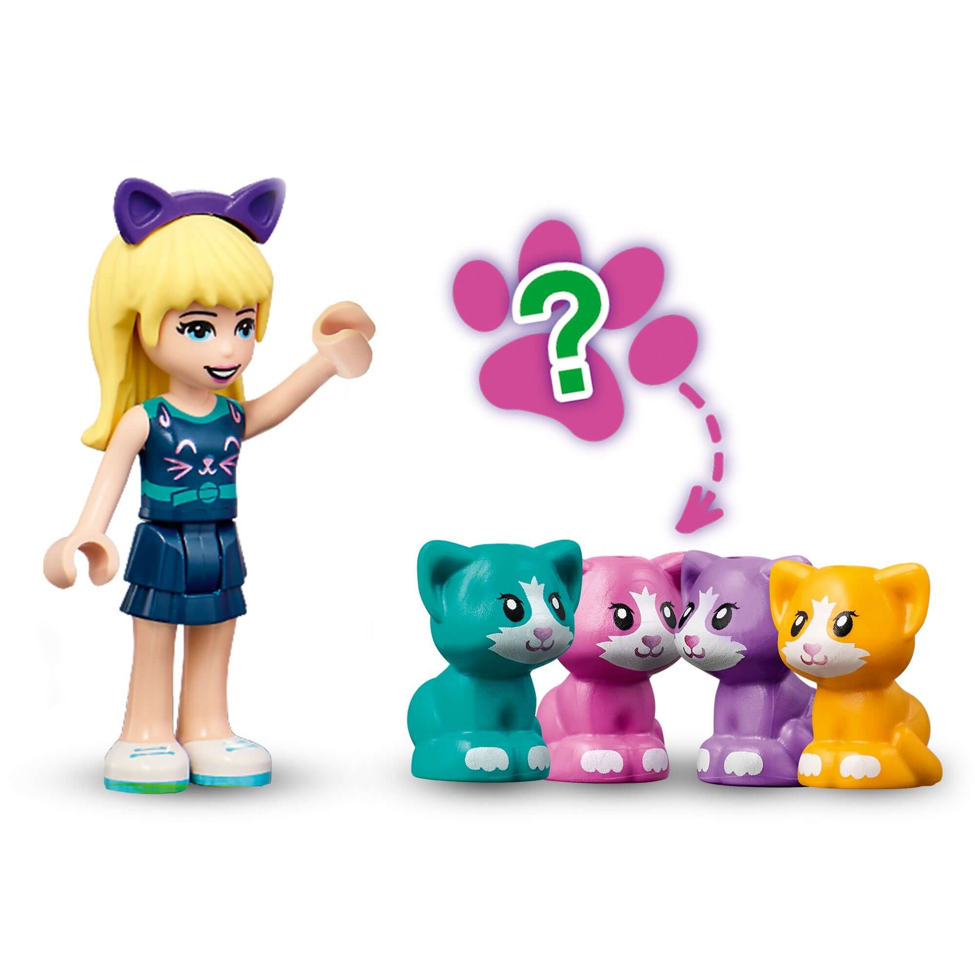 LEGO Friends Stephanie minidoll with colorful cat figures for imaginative play and display, perfect for cat lovers.