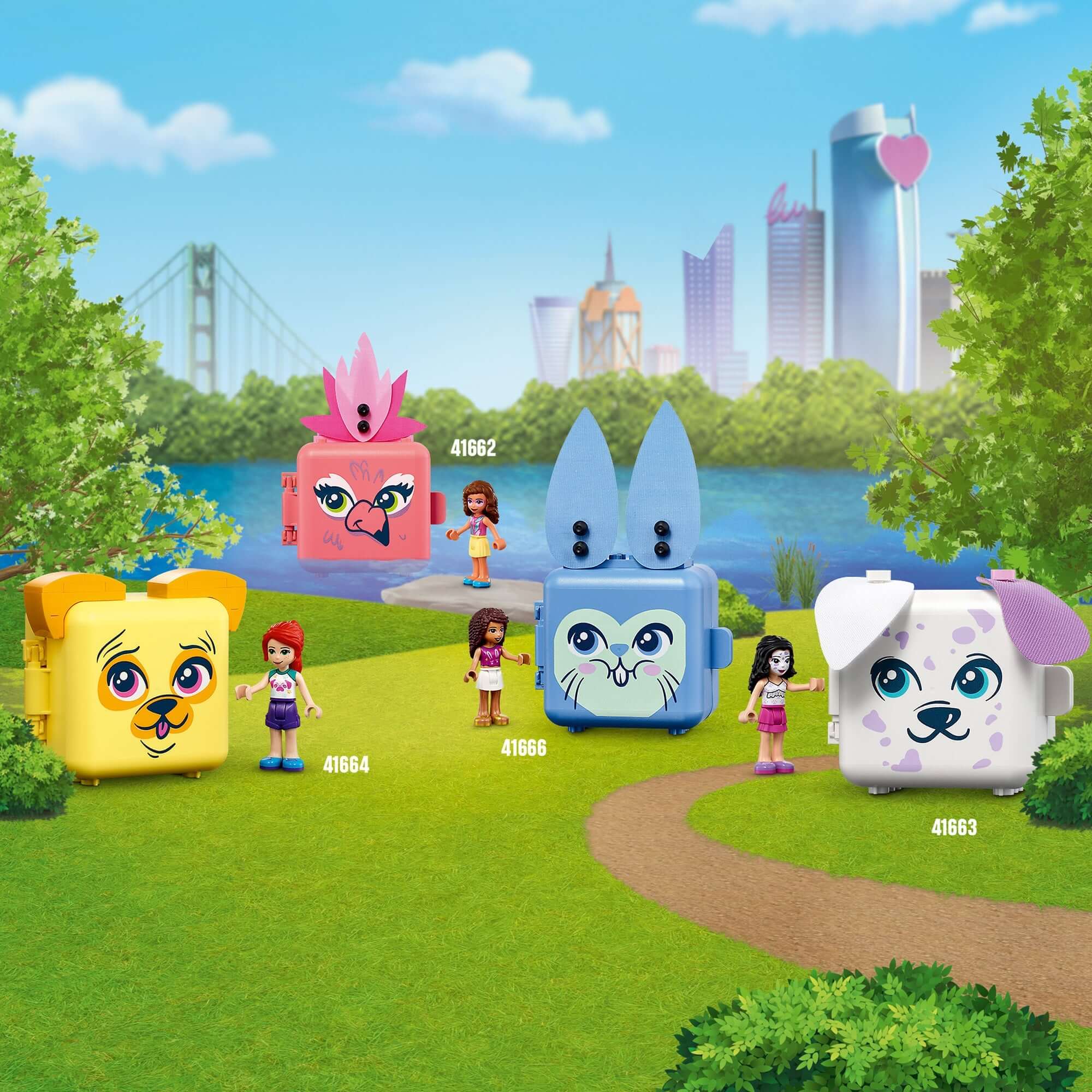 LEGO® Friends minidoll playsets with cute animal designs in a park setting, perfect for cat and pet lovers.