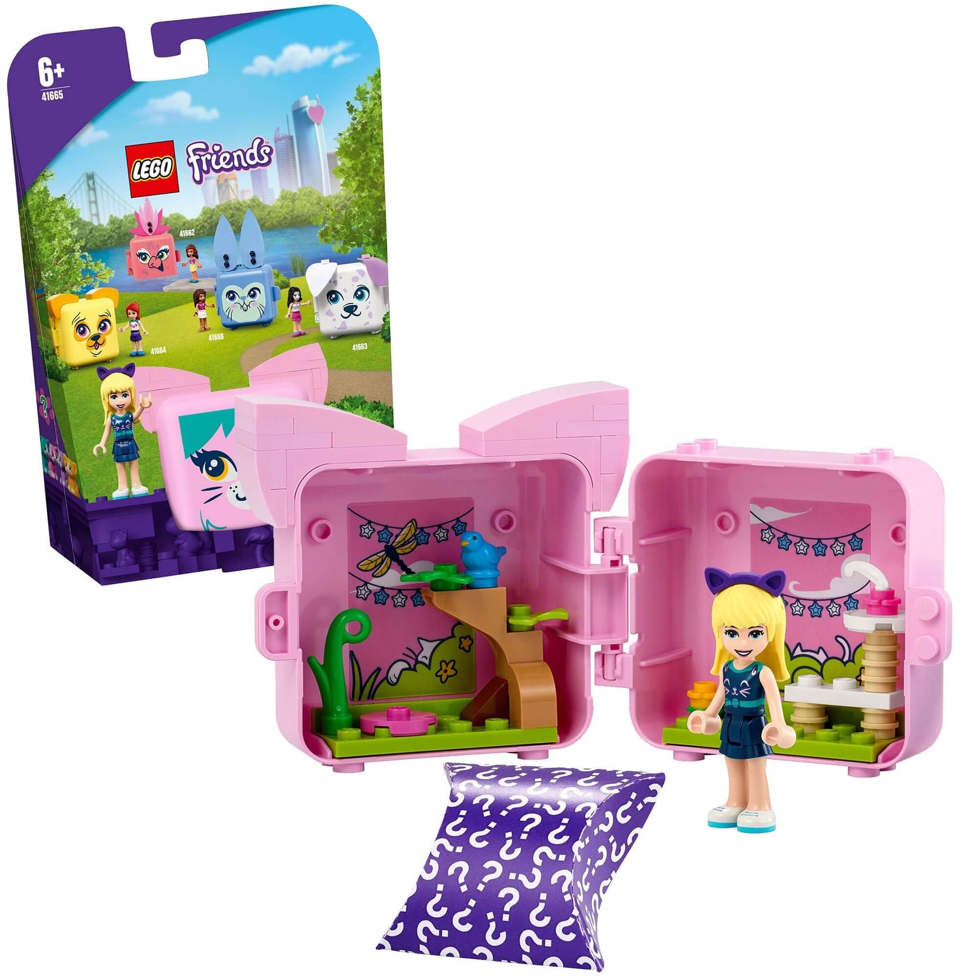 LEGO Friends Stephanie's Cat Cube Playset 41665 with minidoll and cat-themed accessories in a portable case.