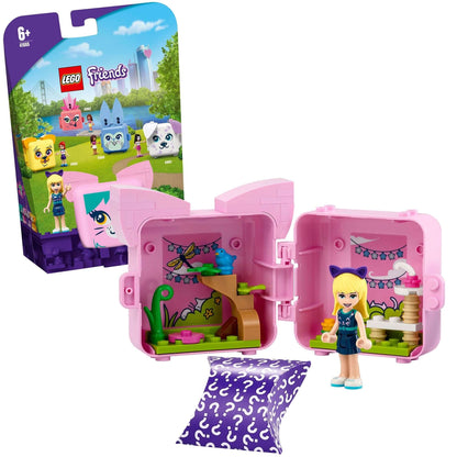 LEGO Friends Stephanie's Cat Cube Playset 41665 with minidoll and cat-themed accessories in a portable case.