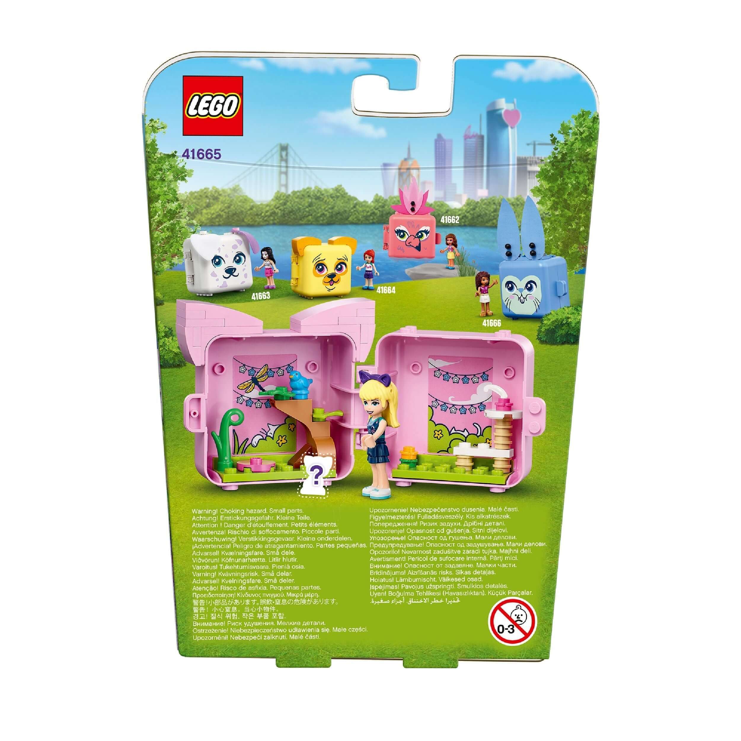 LEGO Friends 41665 Stephanie’s Cat Cube Playset with minidoll, featuring cute cats and colorful storage design.