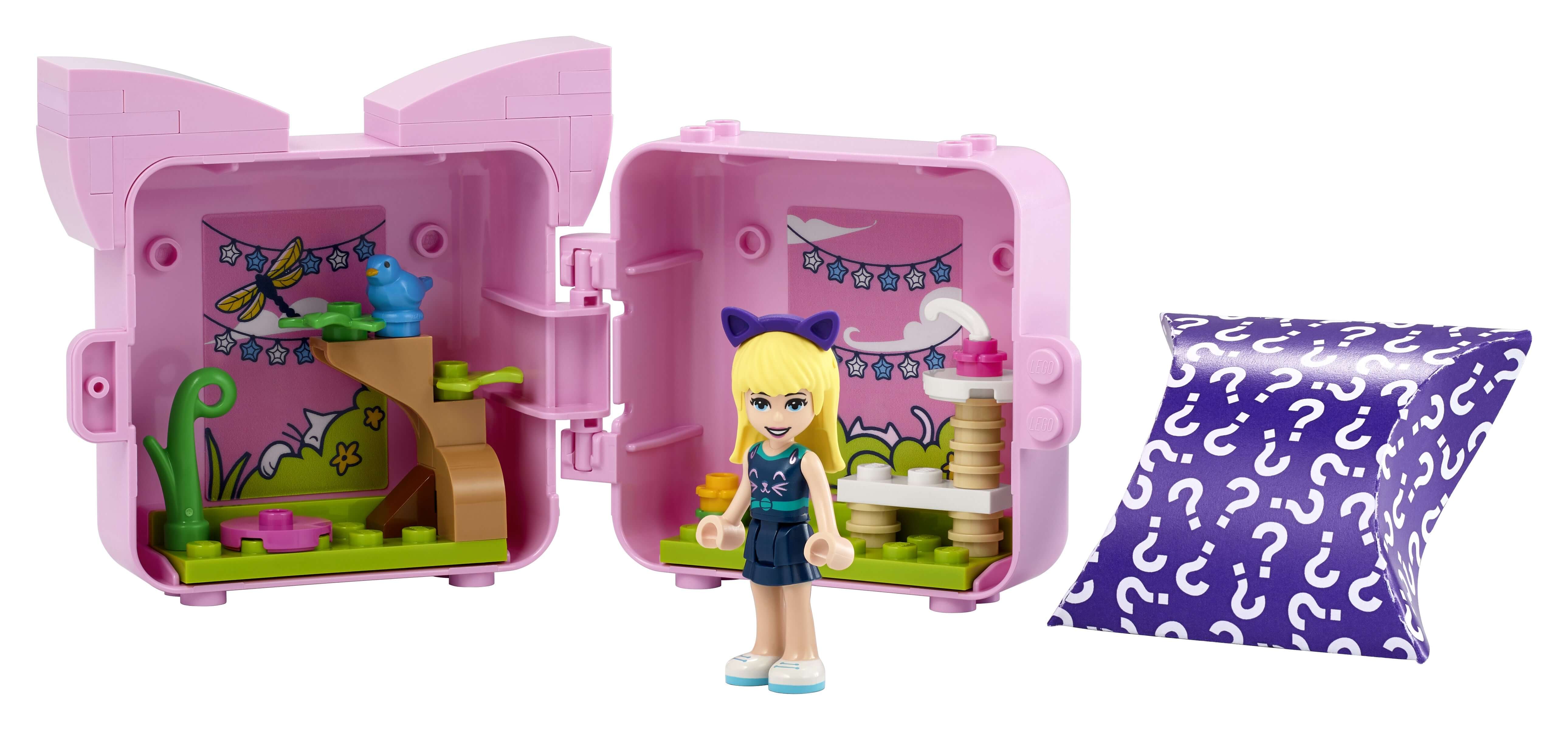 LEGO Friends Stephanie’s Cat Cube Playset with mini-doll and accessories, ideal for cat-loving kids and portable fun.
