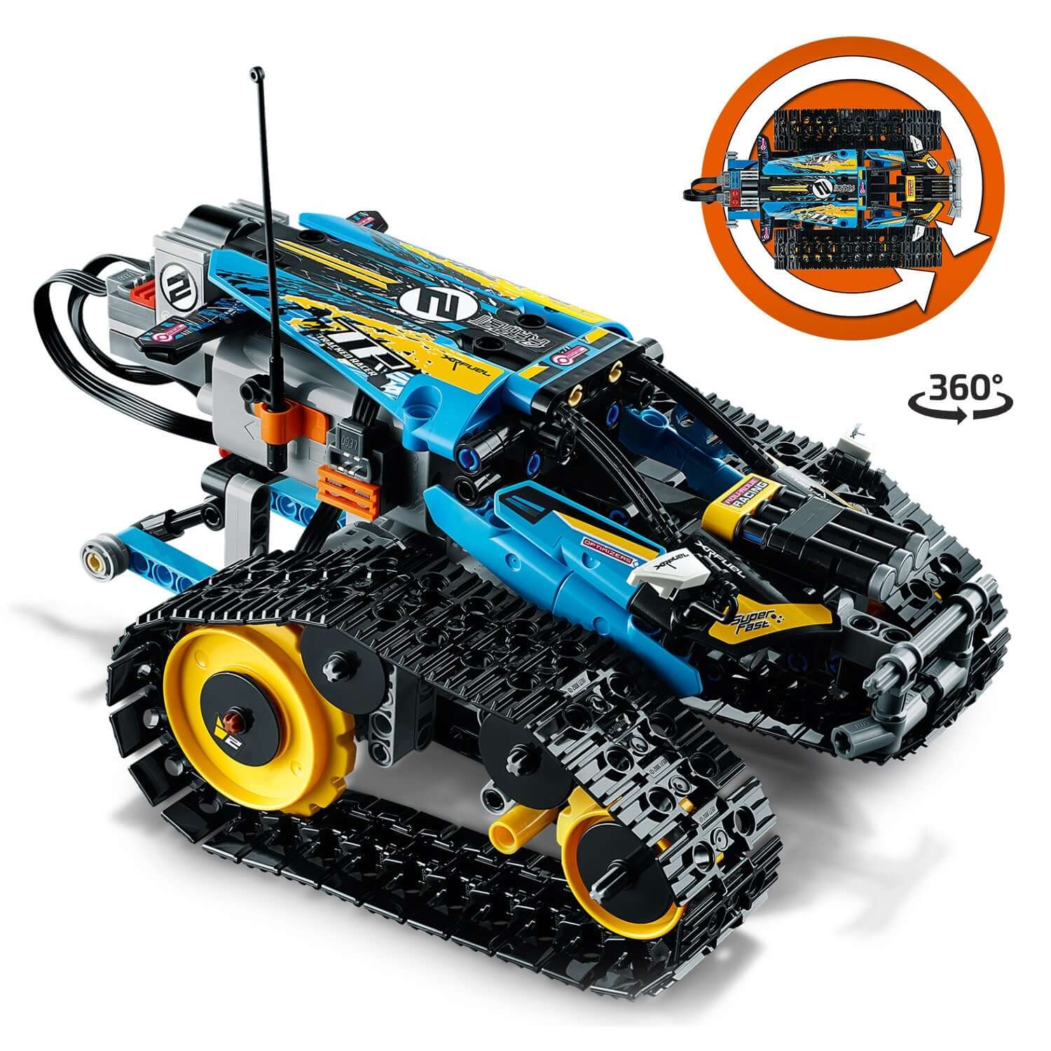 LEGO Technic Stunt Racer RC Car Toy 42095 with track wheels, featuring a remote control design and 360-degree rotation.