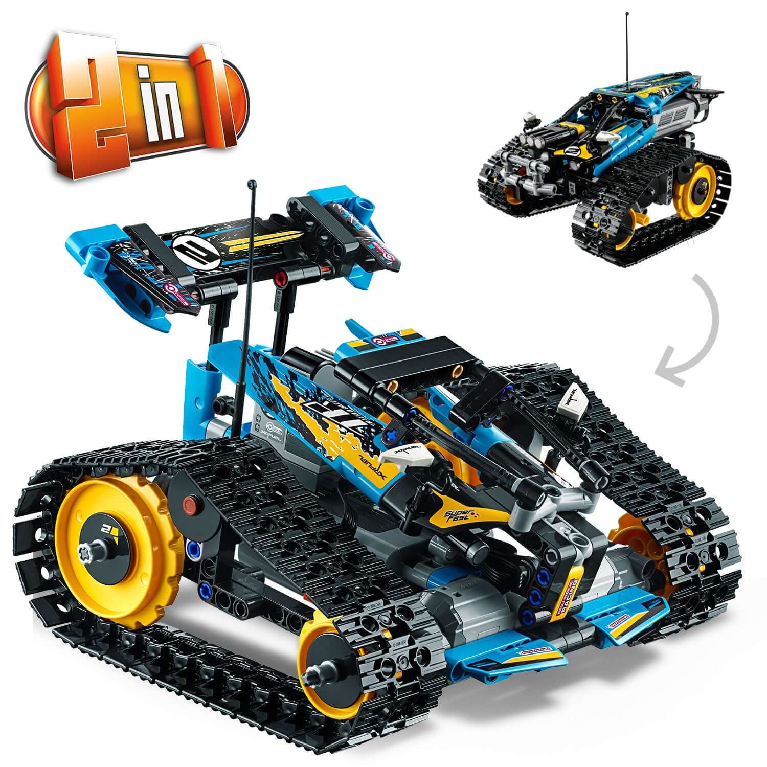 LEGO Technic Stunt Racer RC Car Toy 42095, 2-in-1 design, featuring tracks and vibrant blue and yellow color scheme.