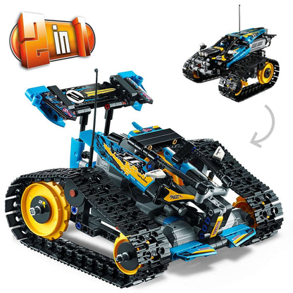 LEGO Technic Stunt Racer RC Car Toy 42095, 2-in-1 design, featuring tracks and vibrant blue and yellow color scheme.