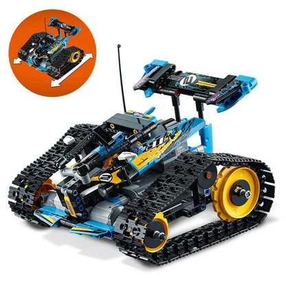LEGO Technic Stunt Racer RC Car Toy 42095 with tank tracks and remote control, showcasing vibrant blue, yellow, and black design.