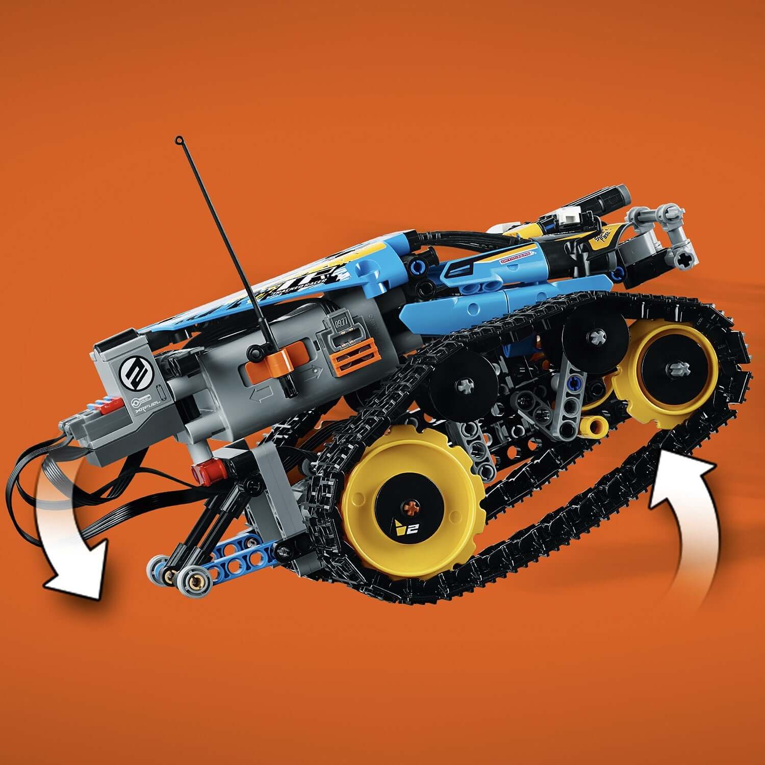 LEGO Technic Stunt Racer RC Car Toy 42095 in action, showcasing its unique track design and remote control functionality.