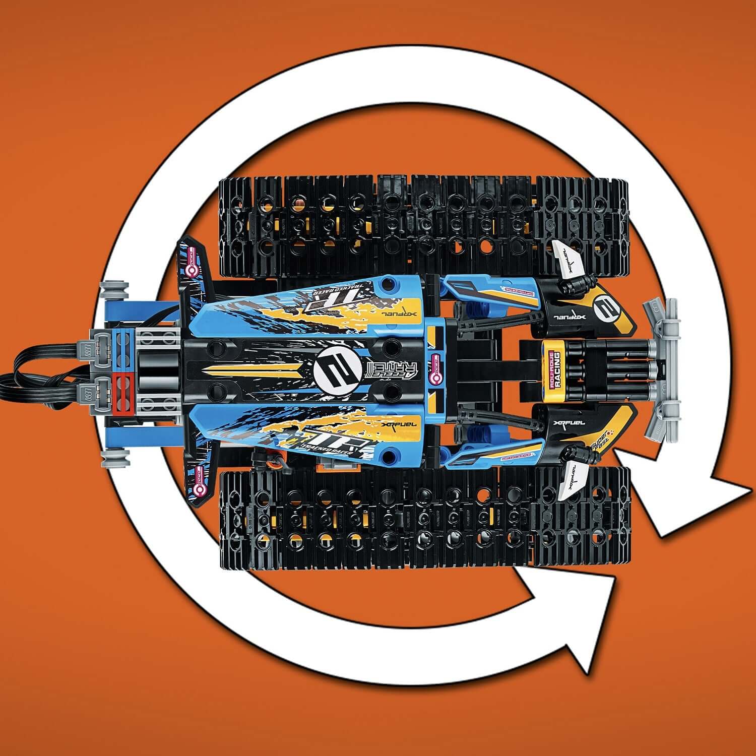 LEGO® Technic Stunt Racer RC Car Toy 42095 top view showing design and color details against an orange background.