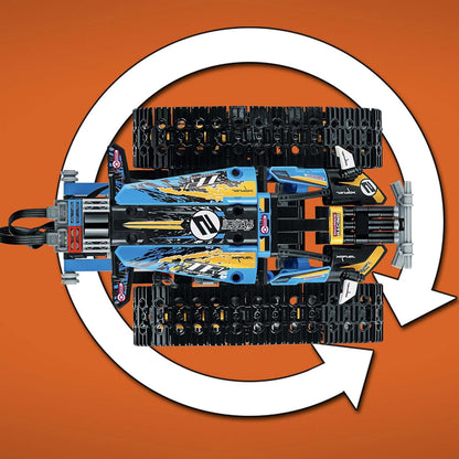 LEGO® Technic Stunt Racer RC Car Toy 42095 top view showing design and color details against an orange background.