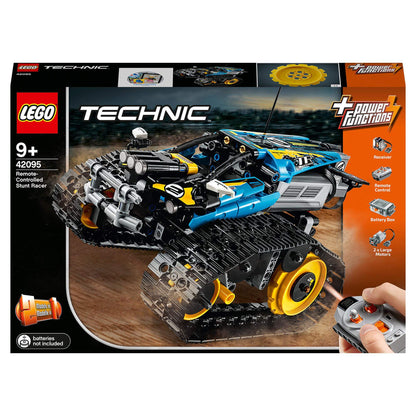 LEGO Technic Stunt Racer RC Car Toy 42095 packaging with remote control features, suitable for ages 9+, vibrant design.