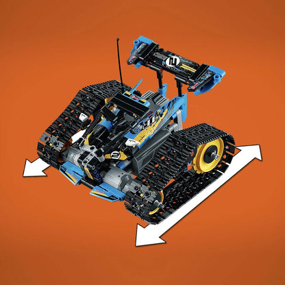 LEGO Technic Stunt Racer RC Car 42095 with tracks on an orange background, showcasing its racing design and features.