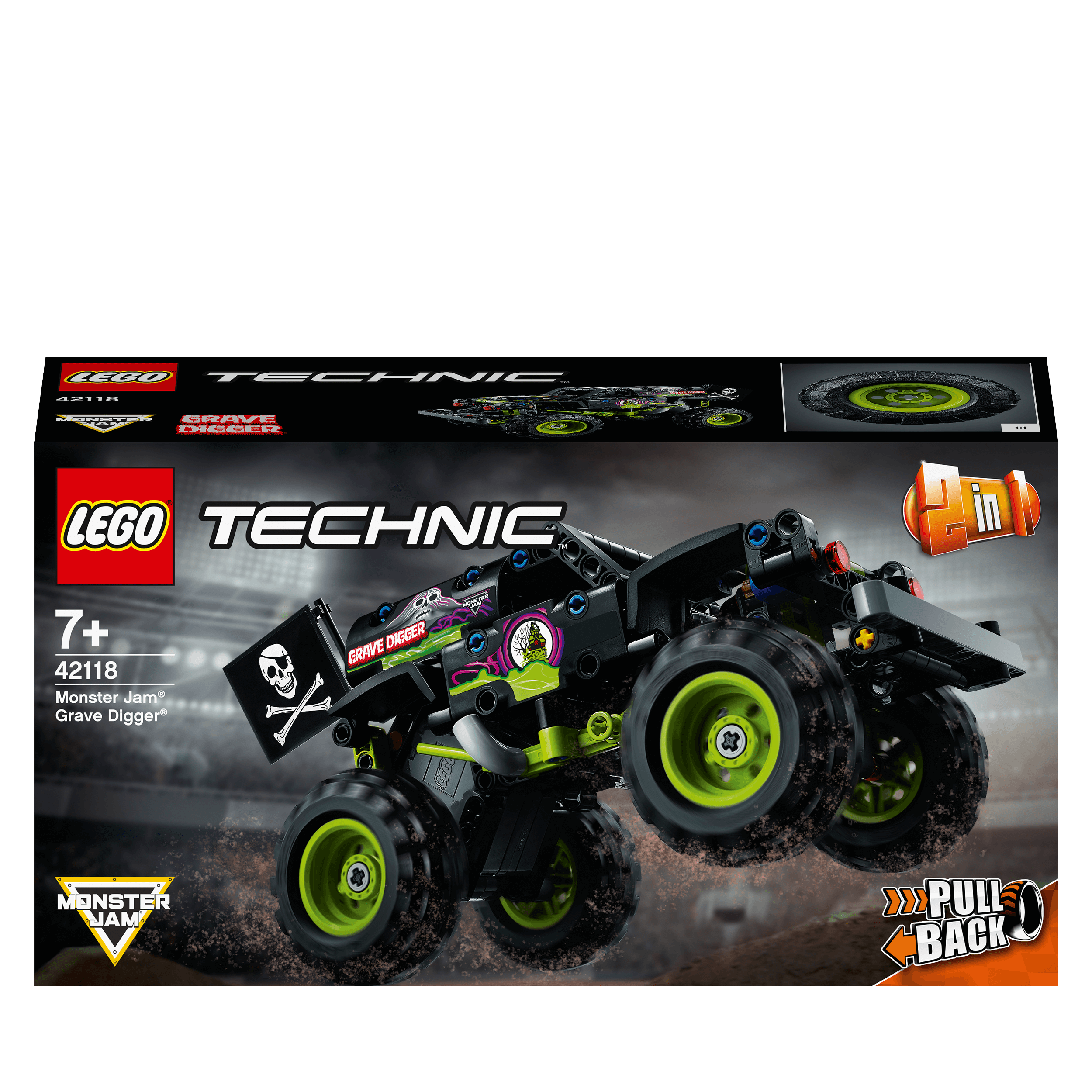 LEGO Technic Monster Jam Grave Digger Toy 42118 packaging featuring a pull-back monster truck model.