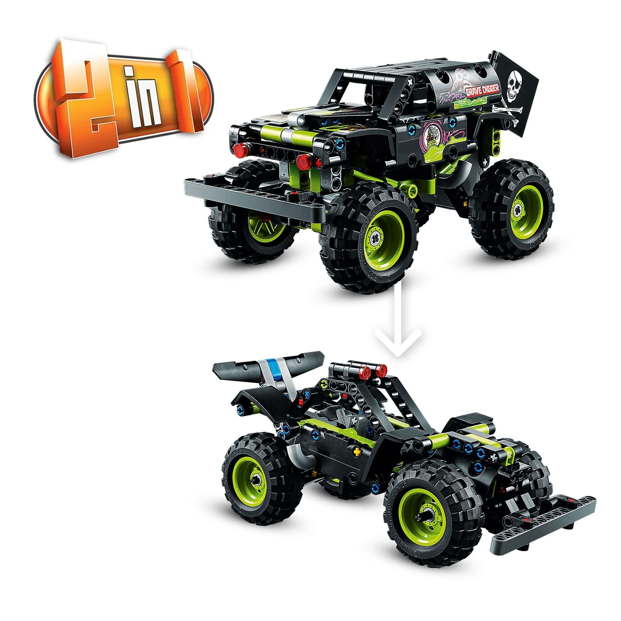 LEGO Technic Monster Jam Grave Digger toy 42118, 2-in-1 model transforms from monster truck to off-road buggy.