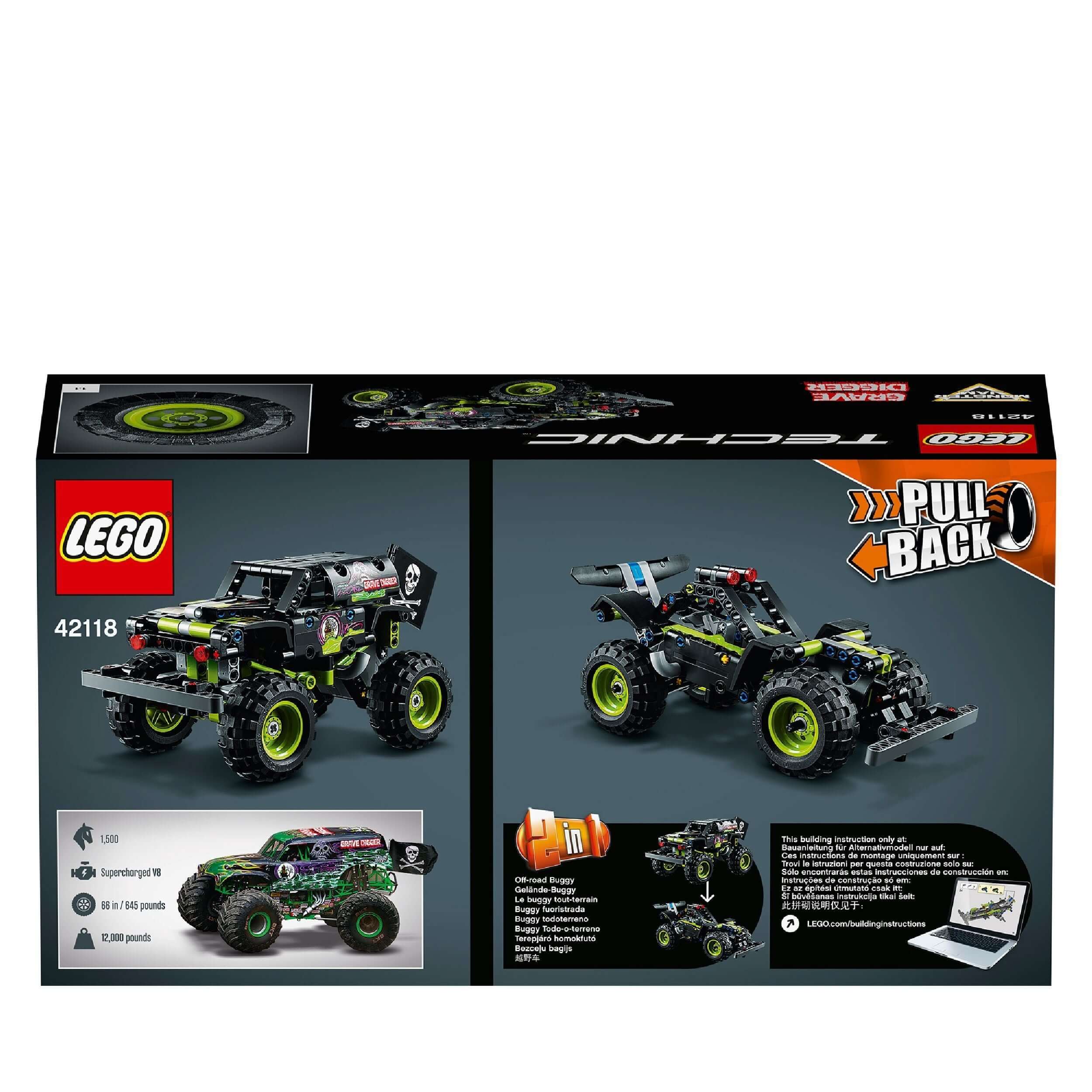 LEGO Technic 42118 Monster Jam Grave Digger packaging showcasing two model builds: a truck and off-road buggy.