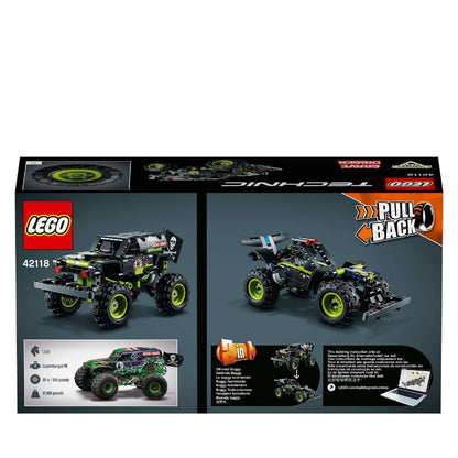 LEGO Technic 42118 Monster Jam Grave Digger packaging showcasing two model builds: a truck and off-road buggy.