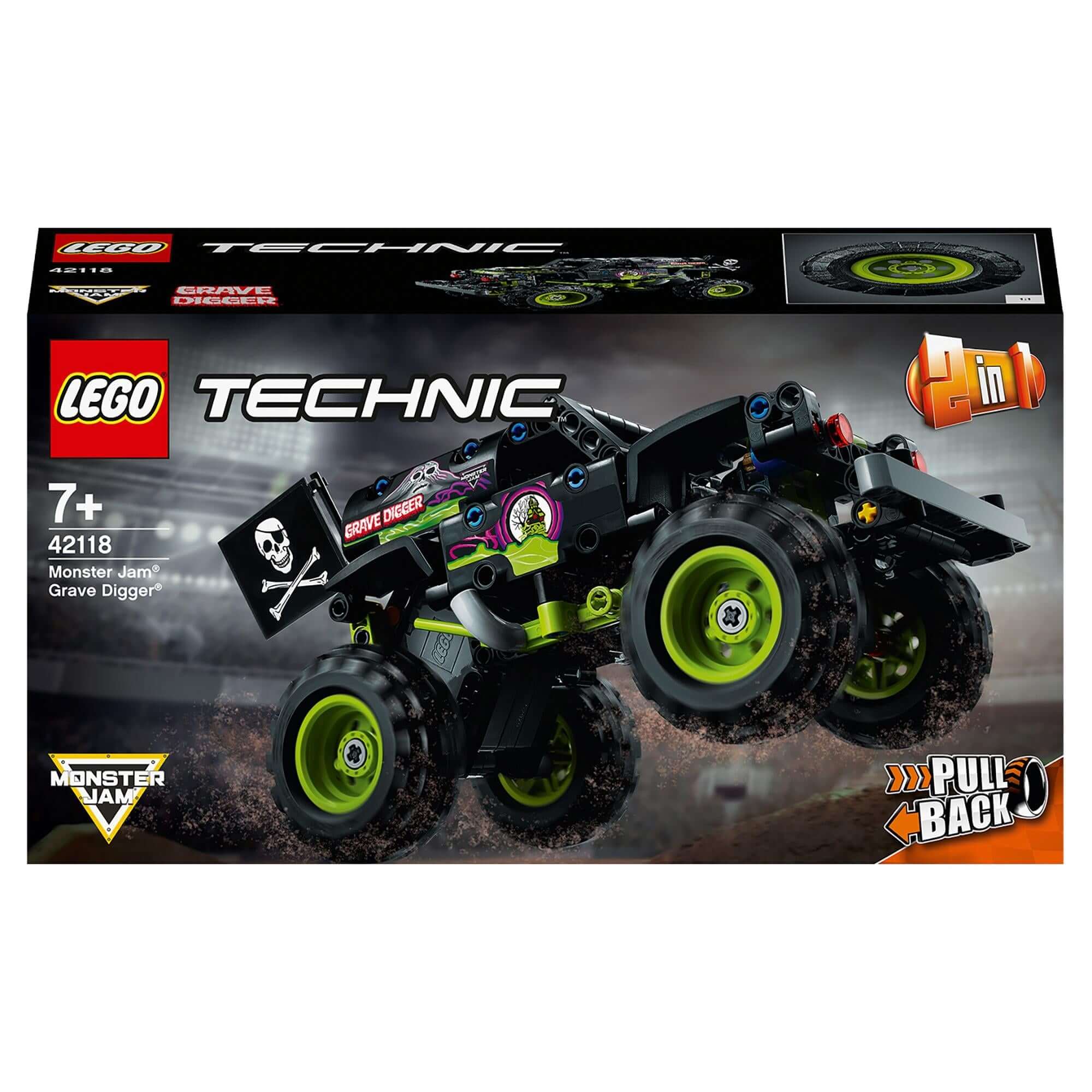 LEGO Technic 42118 Monster Jam Grave Digger box featuring pull-back action and 2-in-1 vehicle design.