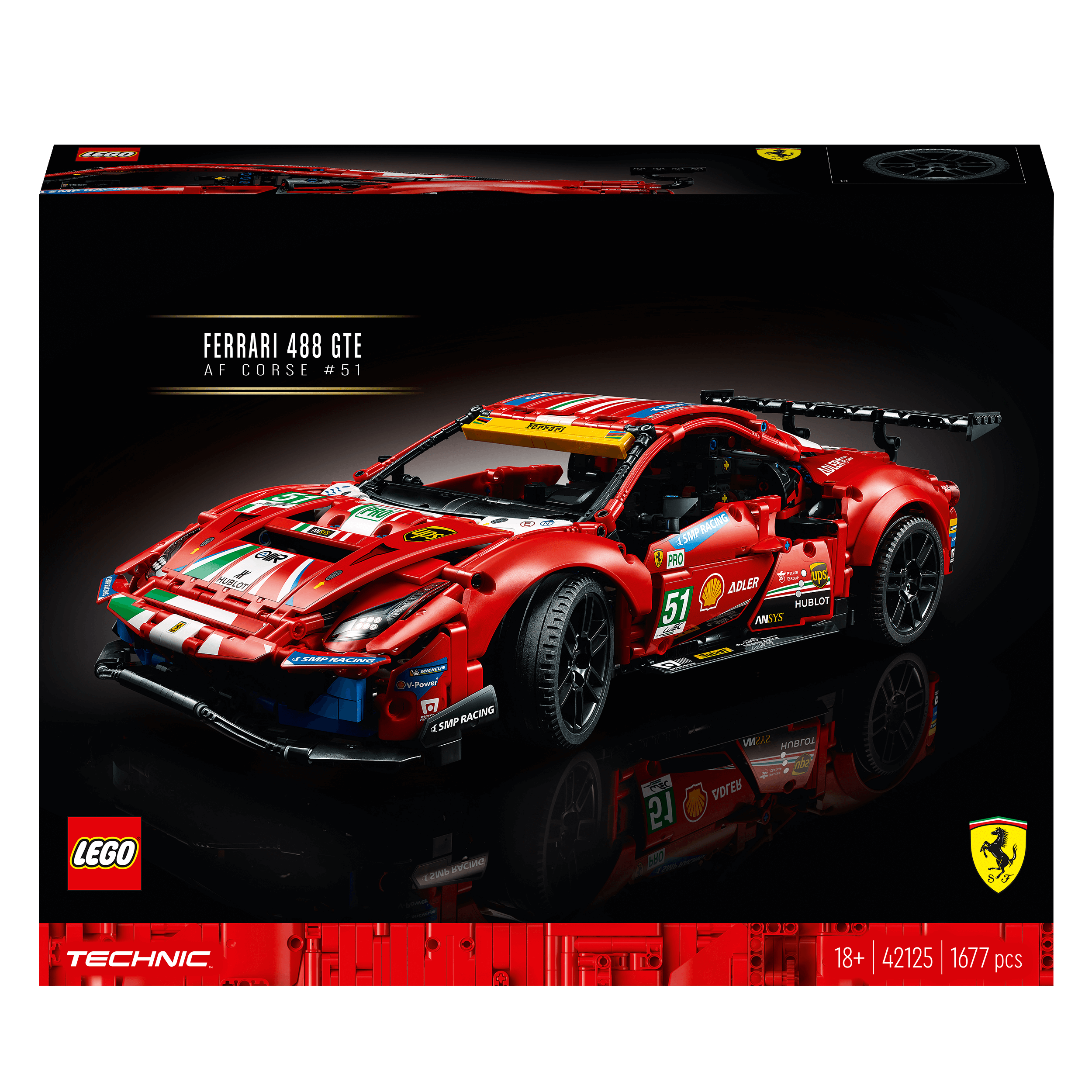 LEGO Technic Ferrari 488 GTE AF Corse #51 Set 42125 detailed model building kit with red racing car design.