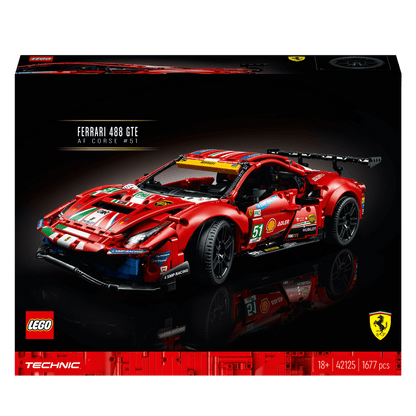 LEGO Technic Ferrari 488 GTE AF Corse #51 Set 42125 detailed model building kit with red racing car design.