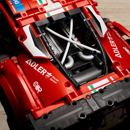 LEGO Technic Ferrari 488 GTE AF Corse #51 model featuring detailed engine replica and striking red design.