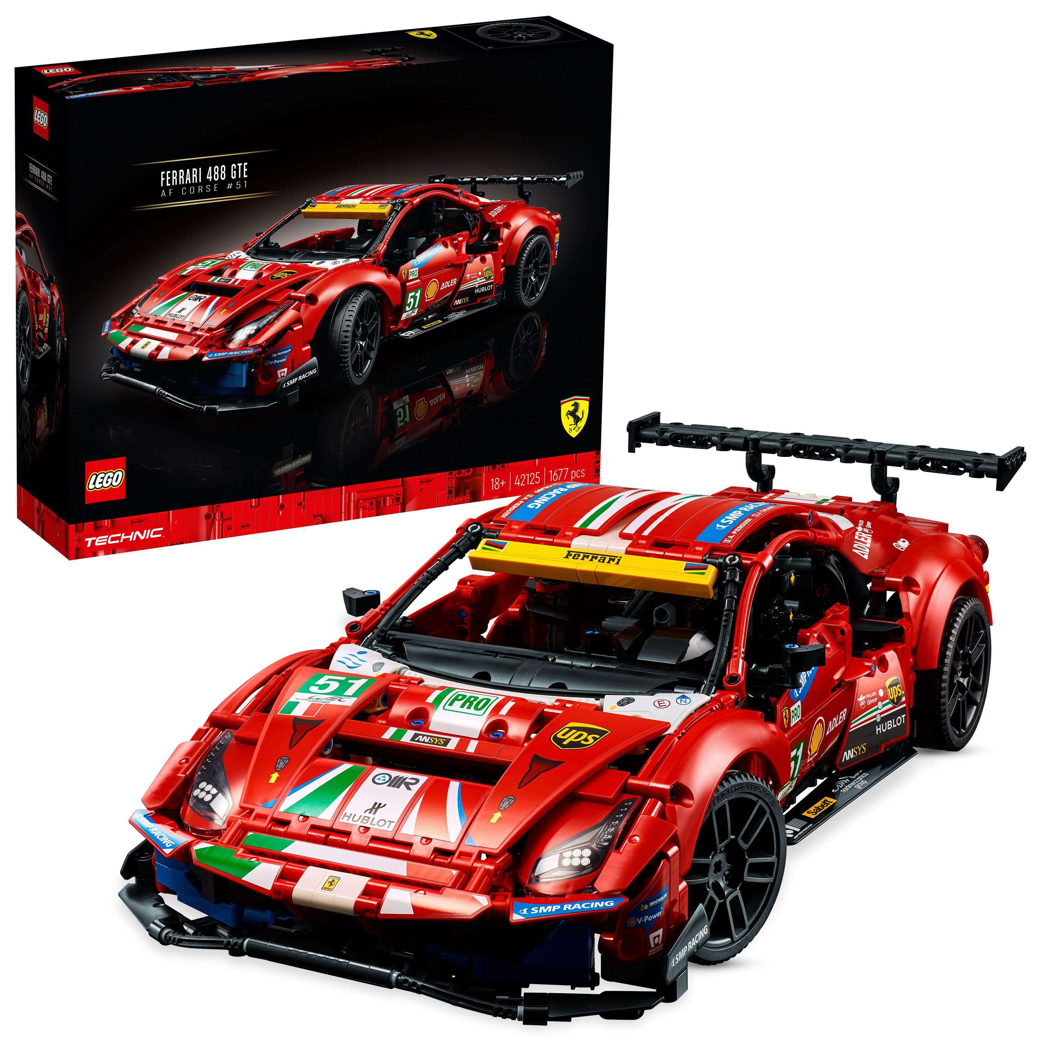 LEGO Technic Ferrari 488 GTE AF Corse #51 set 42125, detailed racing car model, perfect for building enthusiasts.