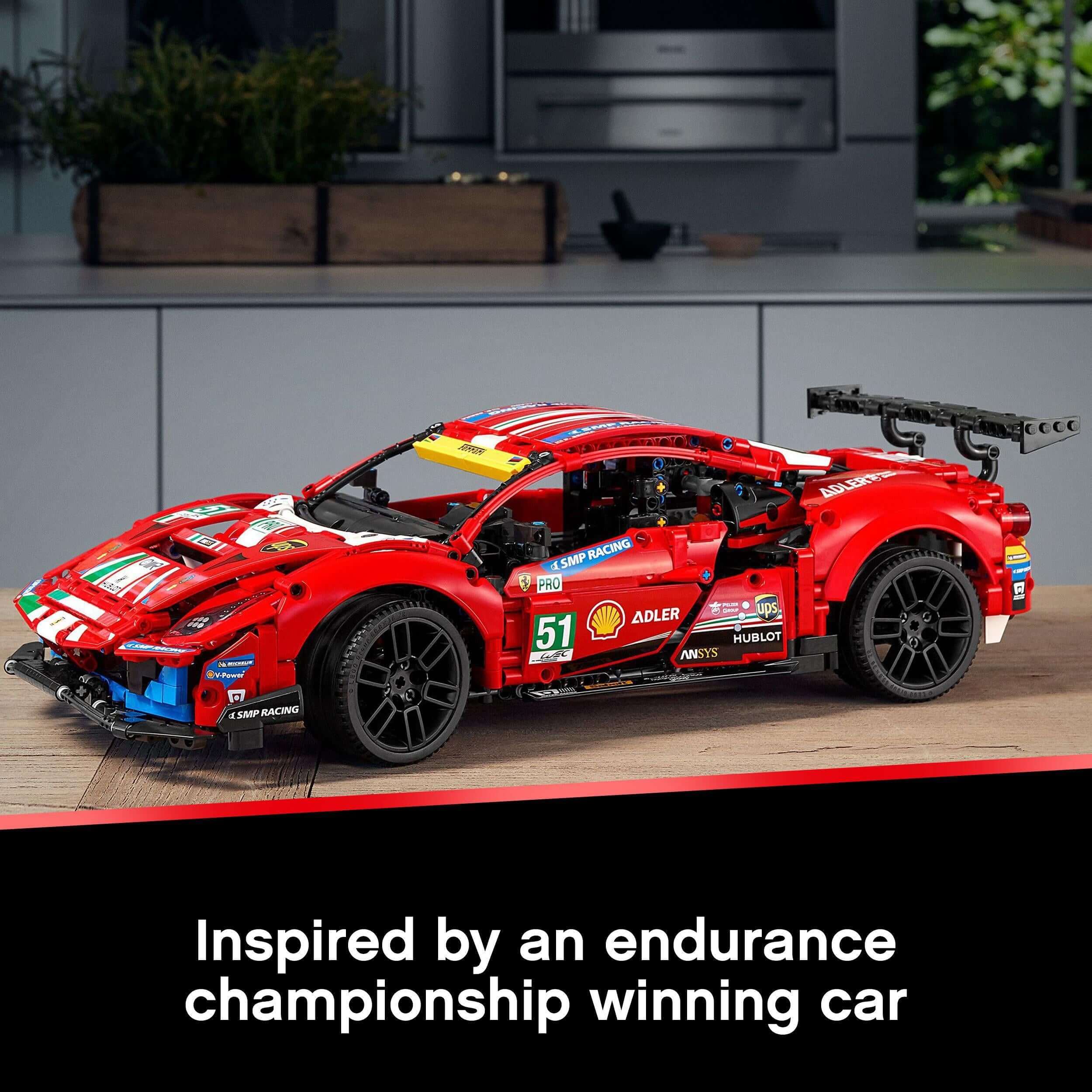 LEGO Technic Ferrari 488 GTE AF Corse #51 model, replica of a race-winning endurance championship car.
