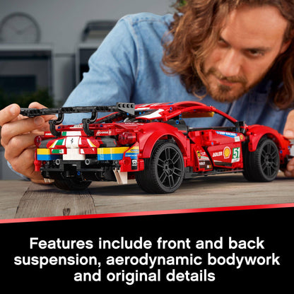 LEGO Technic Ferrari 488 GTE AF Corse model showing detailed design and features, perfect for racing fans.