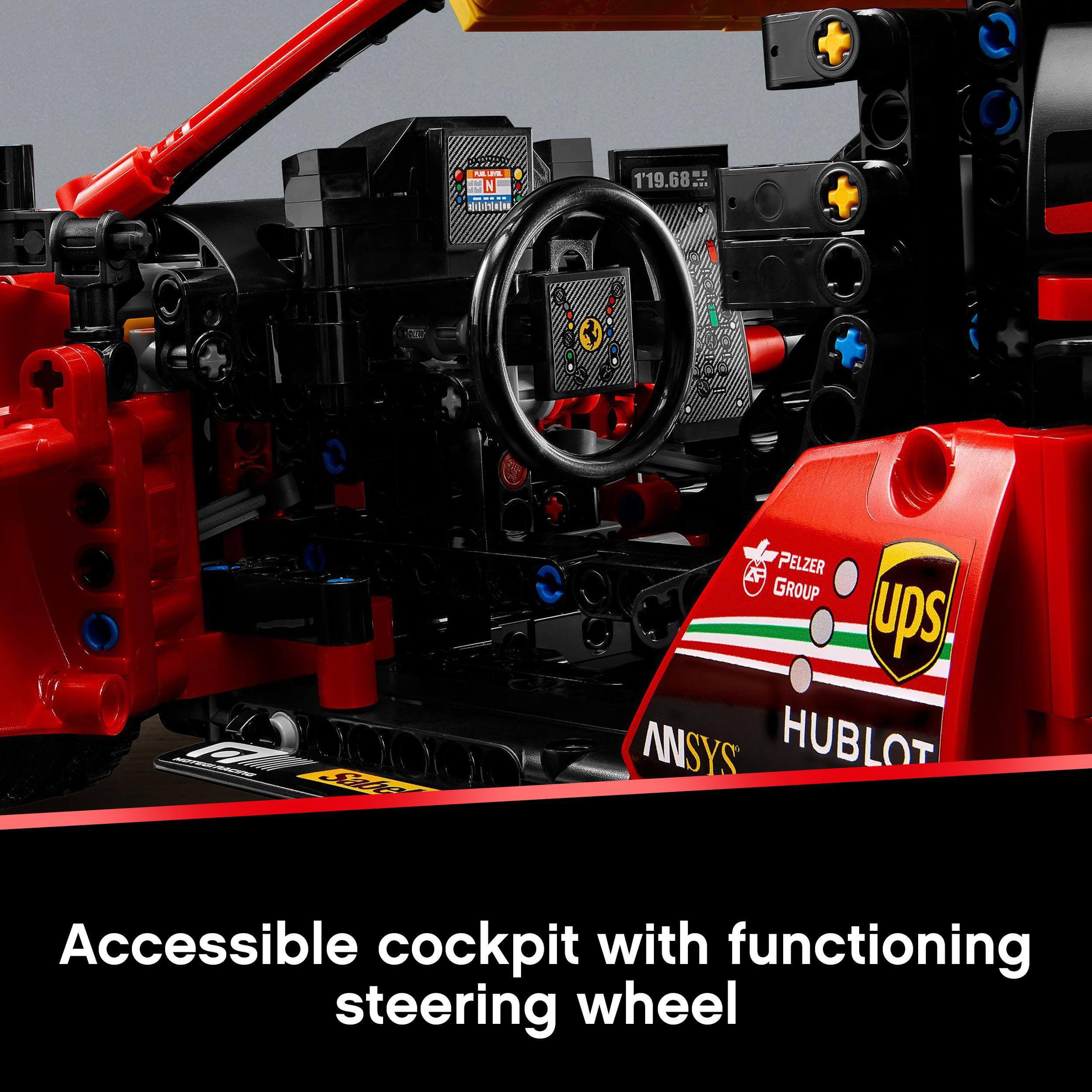 Close-up of LEGO® Technic Ferrari 488 GTE model's detailed cockpit with functioning steering wheel.
